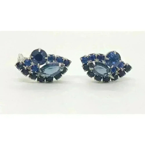 Vintage Earrings Rhinestone big Blue cabochon Prong Set Clip On Open Back - Picture 4 of 5